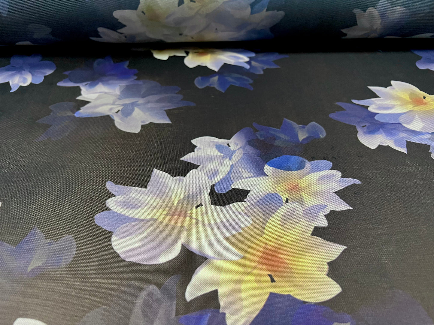 Power mesh net sheer stretch spandex fabric, per metre - lily flower print - navy blue & lemon