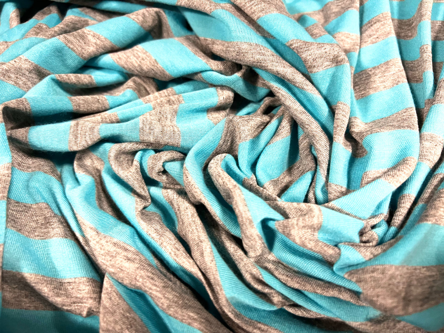 Viscose spandex stretch single jersey fabric, per metre - stripe - cyan blue & grey marl