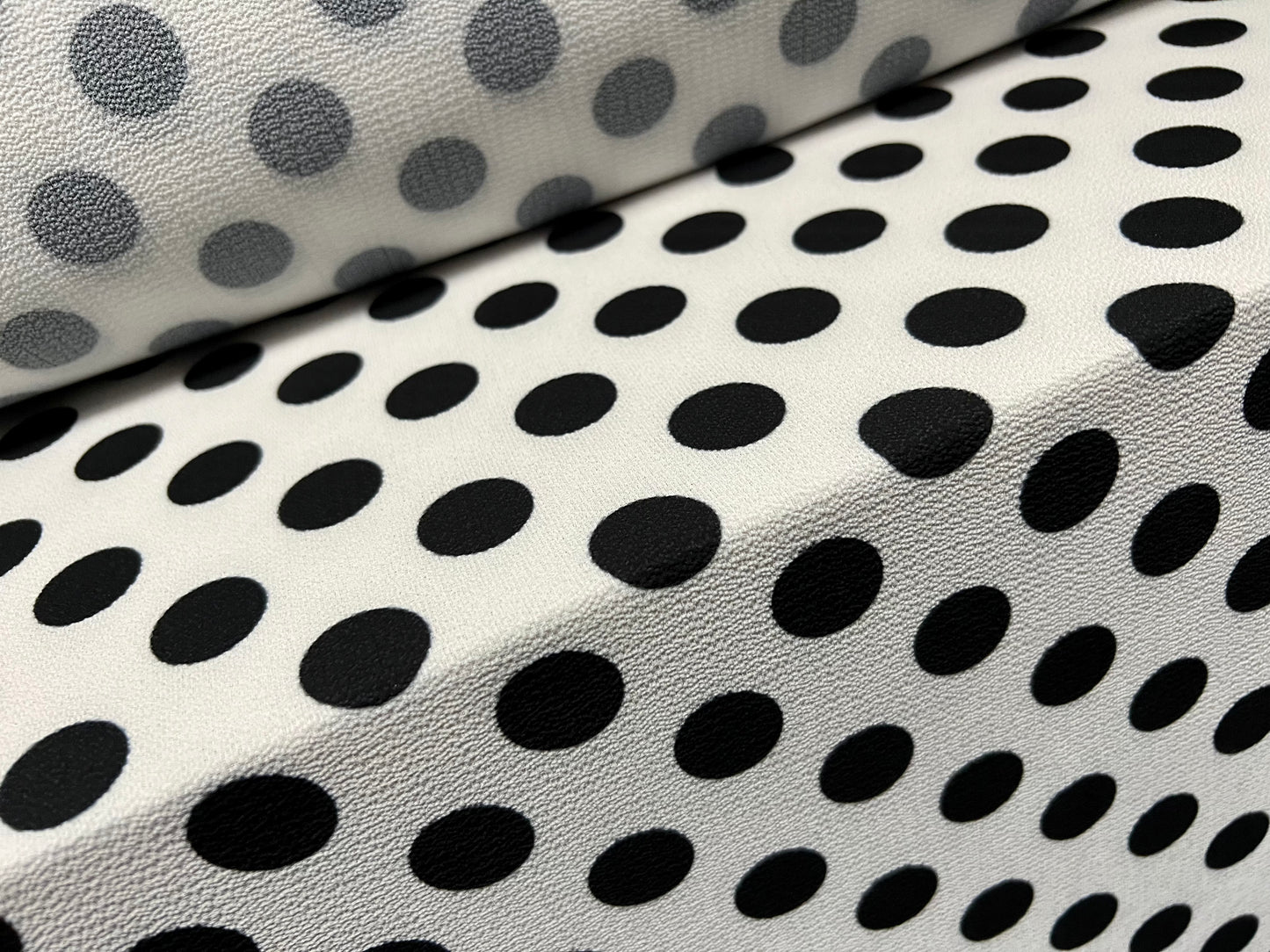 Pebble crepe woven dress fabric, per metre - polka dot print - black & white