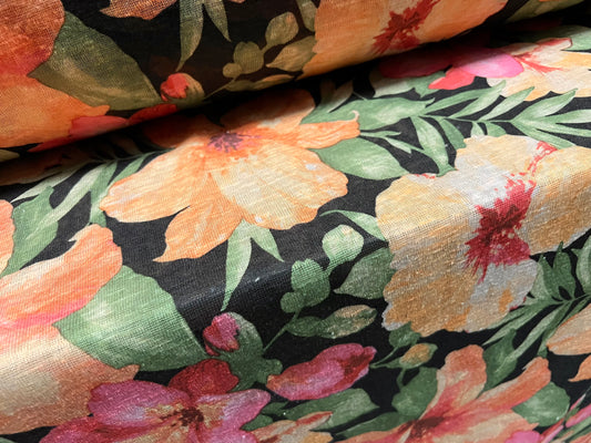 Thick & thin single jersey fashion fabric, per metre - amaryllis flower print - black & peach