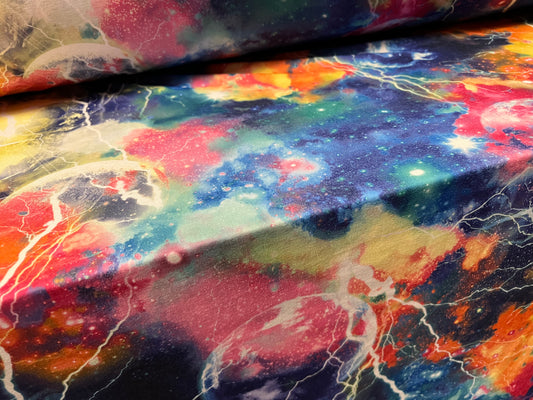 Stretch spandex interlock jersey fabric, per metre - cosmic lightning print - multicolour