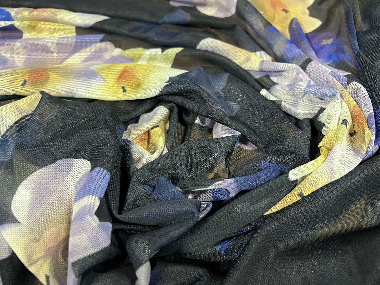 Power mesh net sheer stretch spandex fabric, per metre - lily flower print - navy blue & lemon