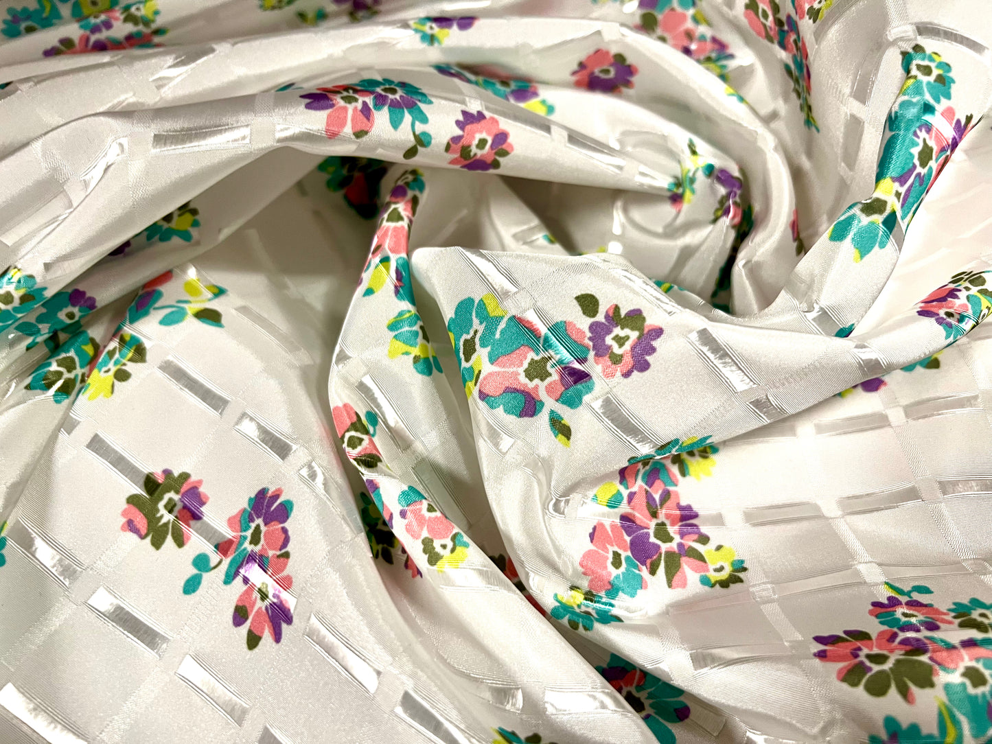 Satin jacquard woven dress fabric, per metre - flower bouquet print - white turquoise & pink