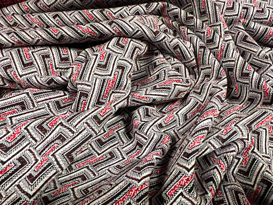 Double Jersey stretch spandex fabric, per metre - geometric jacquard - red & grey