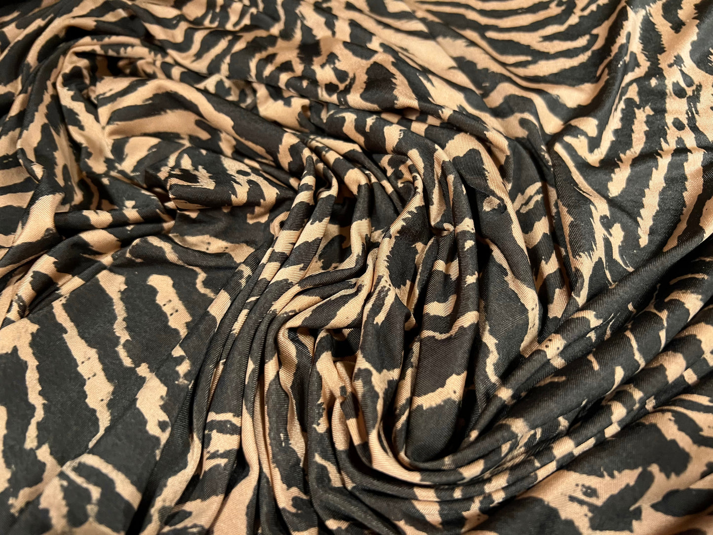 Soft touch stretch spandex single jersey fabric, per metre - zebra animal print - light brown