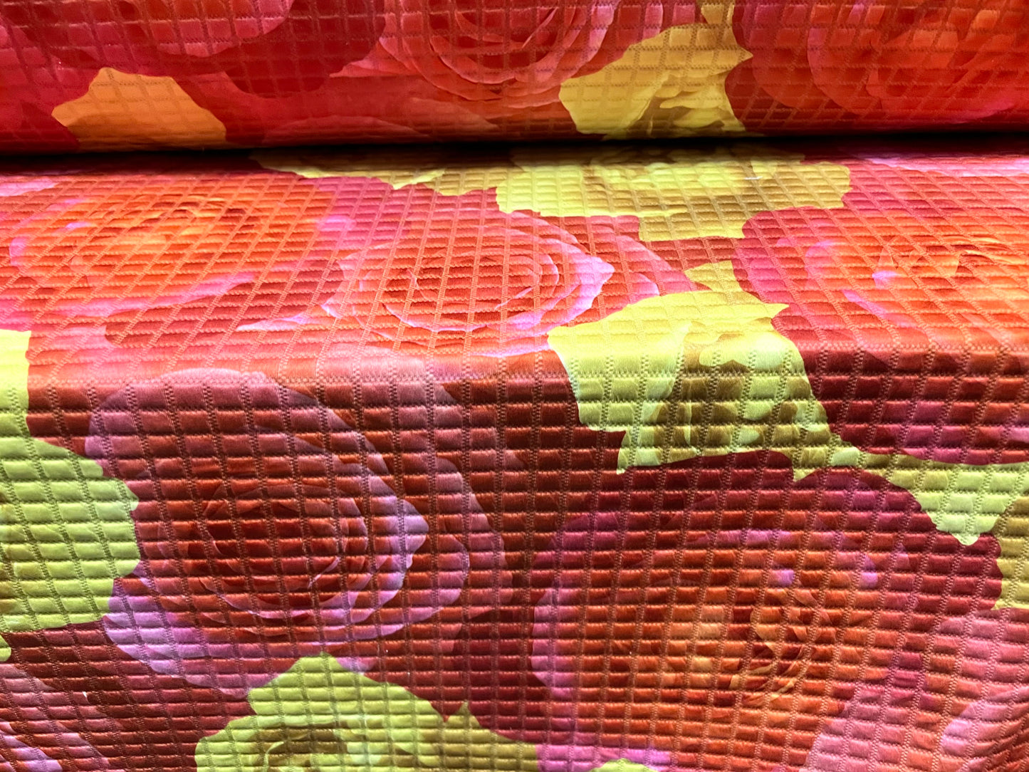 Mock quilted double jersey spandex fabric, per metre - giant rose floral print - pink & yellow