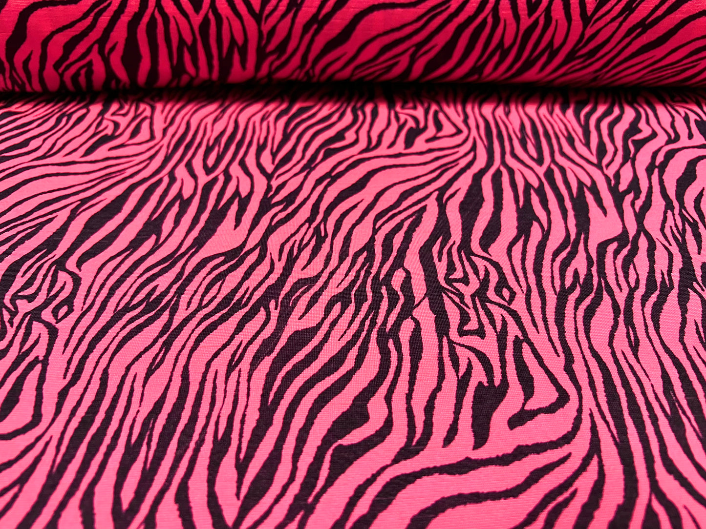 Finely textured stretch spandex single jersey fabric, per metre - zebra animal print - fluorescent pink & black