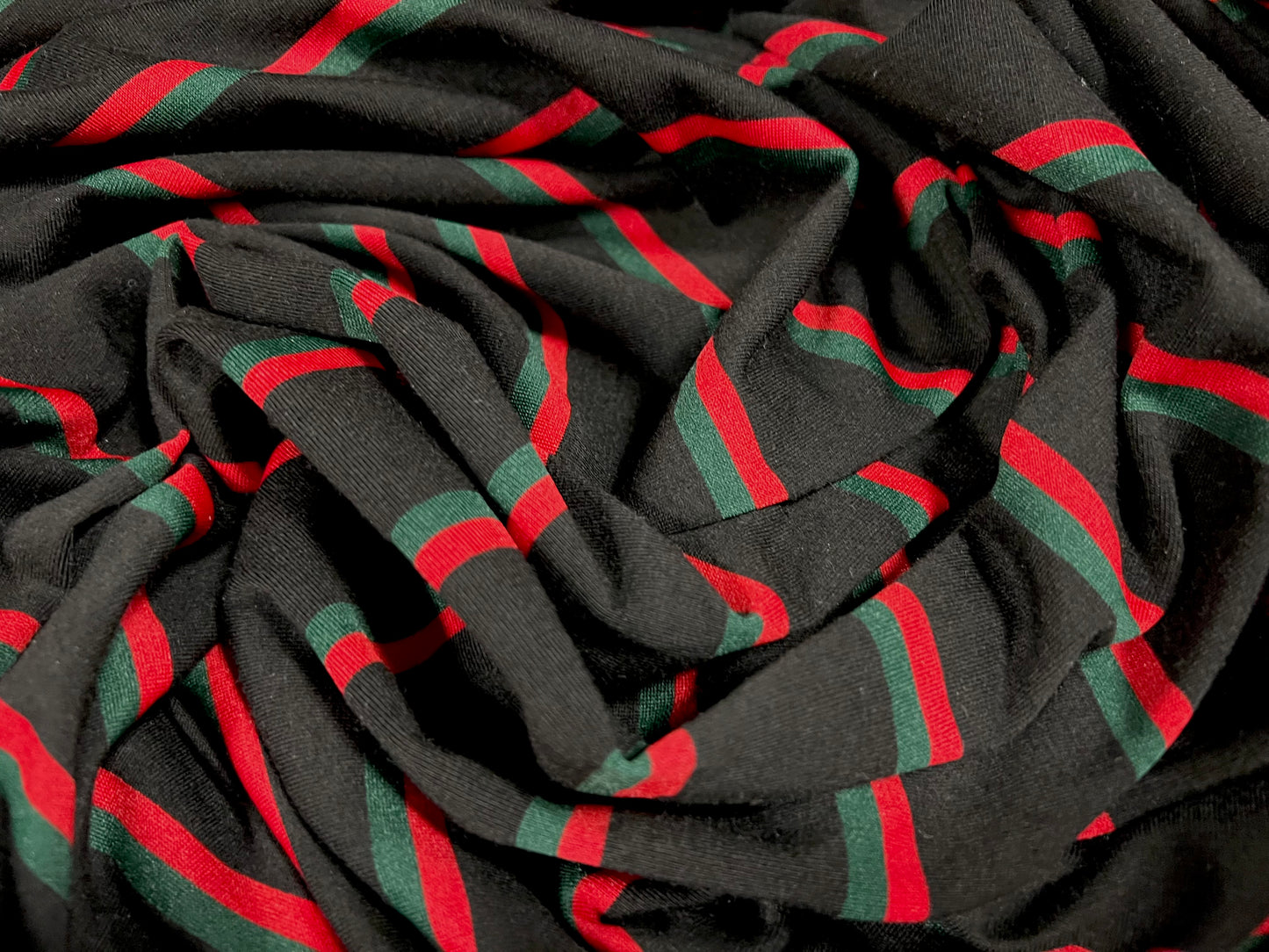 Stretch spandex interlock jersey fabric, per metre - designer stripe - black green & red