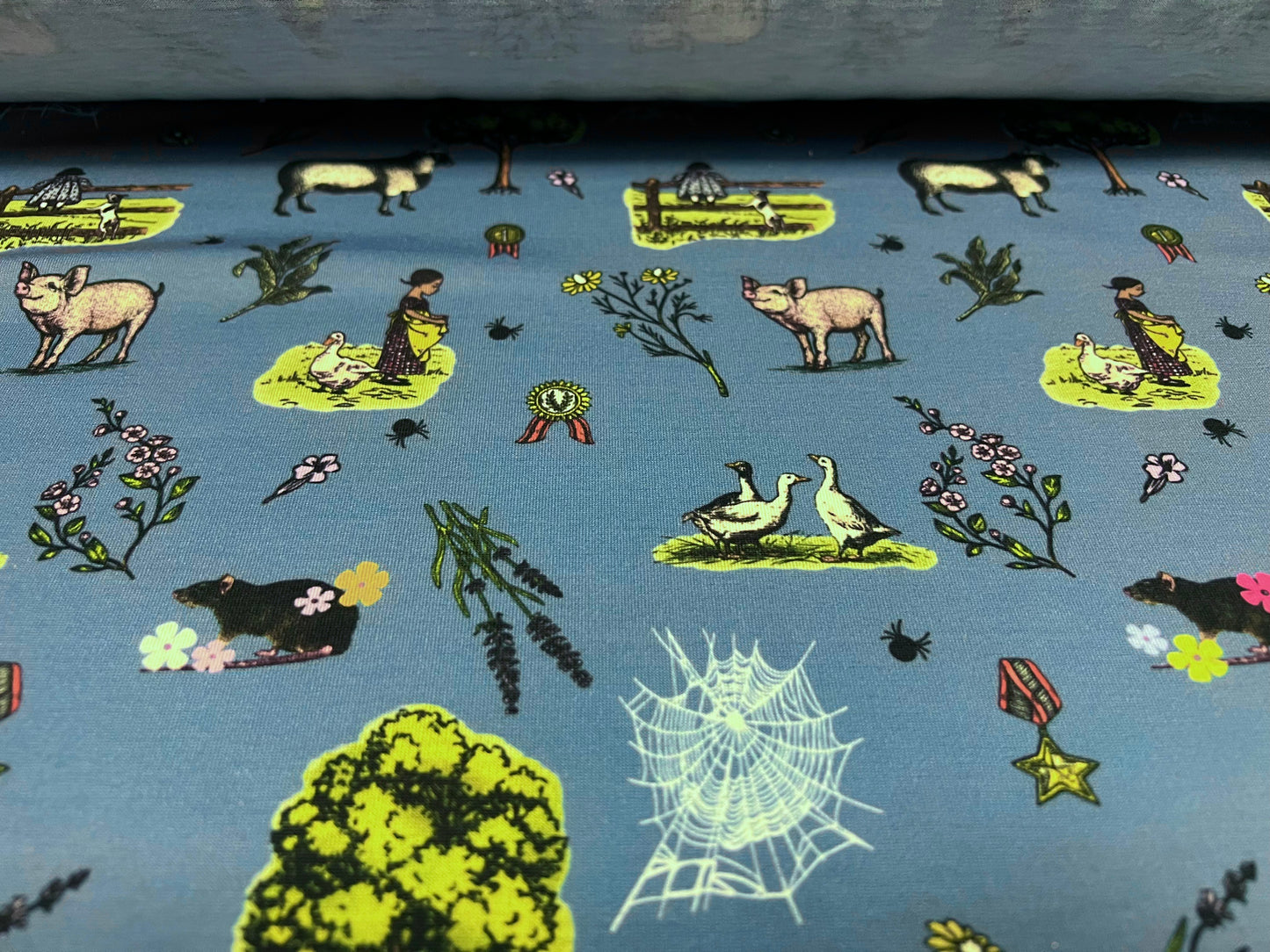 Soft handle stretch single jersey fabric, per metre - Farmyard Animals print - blue