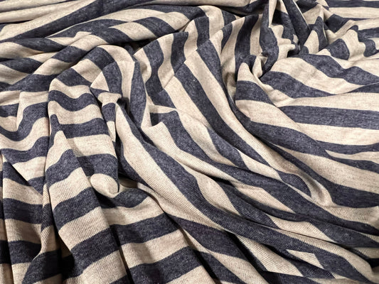 Viscose spandex stretch single jersey fabric, per metre - stripe - ecru & denim blue