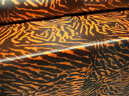 Silky Satin woven dress fabric, per metre - tiger animal print - orange & black