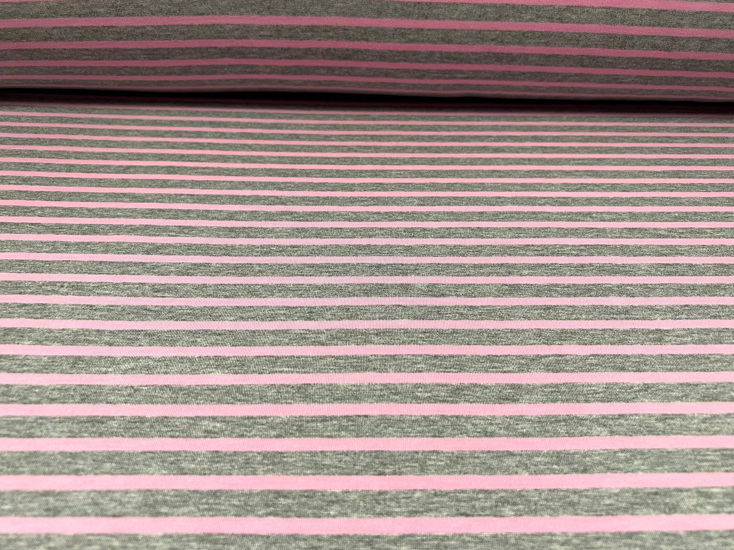 Viscose spandex stretch single jersey fabric, per metre - stripe - grey marl & pink