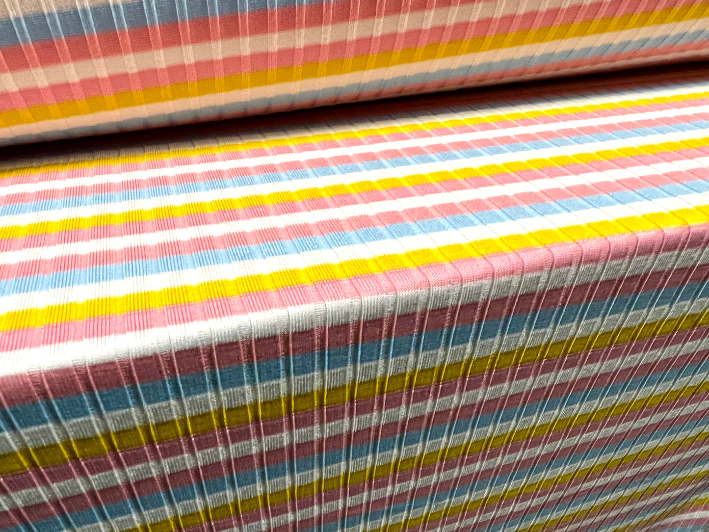 Stretch Spandex rib jersey fabric, per metre - Neapolitan stripe - blue pink white & yellow