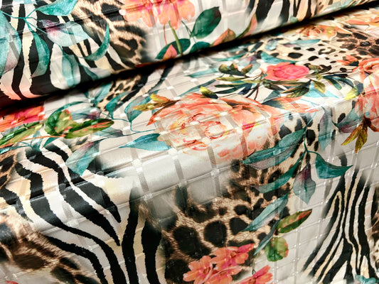 Satin jacquard woven dress fabric, per metre - Floral print with leopardskin