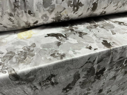 Faux suede stretch spandex jersey fabric, per metre - stylised floral print - silver grey & mustard