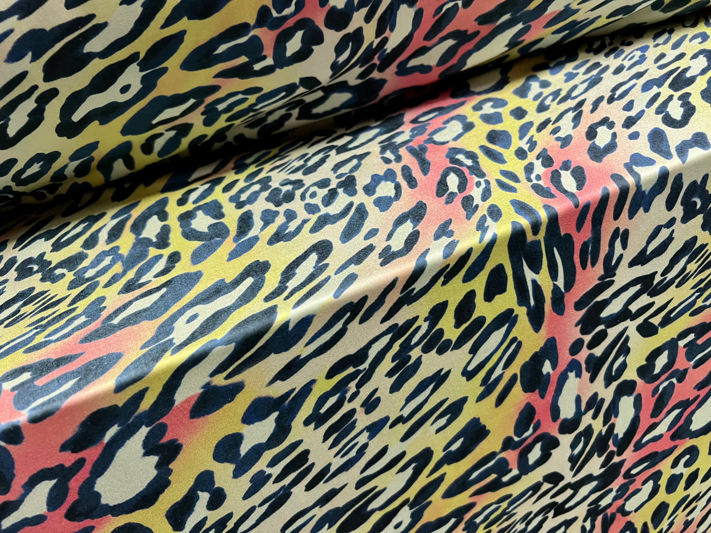 Swimwear stretch spandex jersey fabric, per metre - stylised leopardskin print - sage mustard & pink