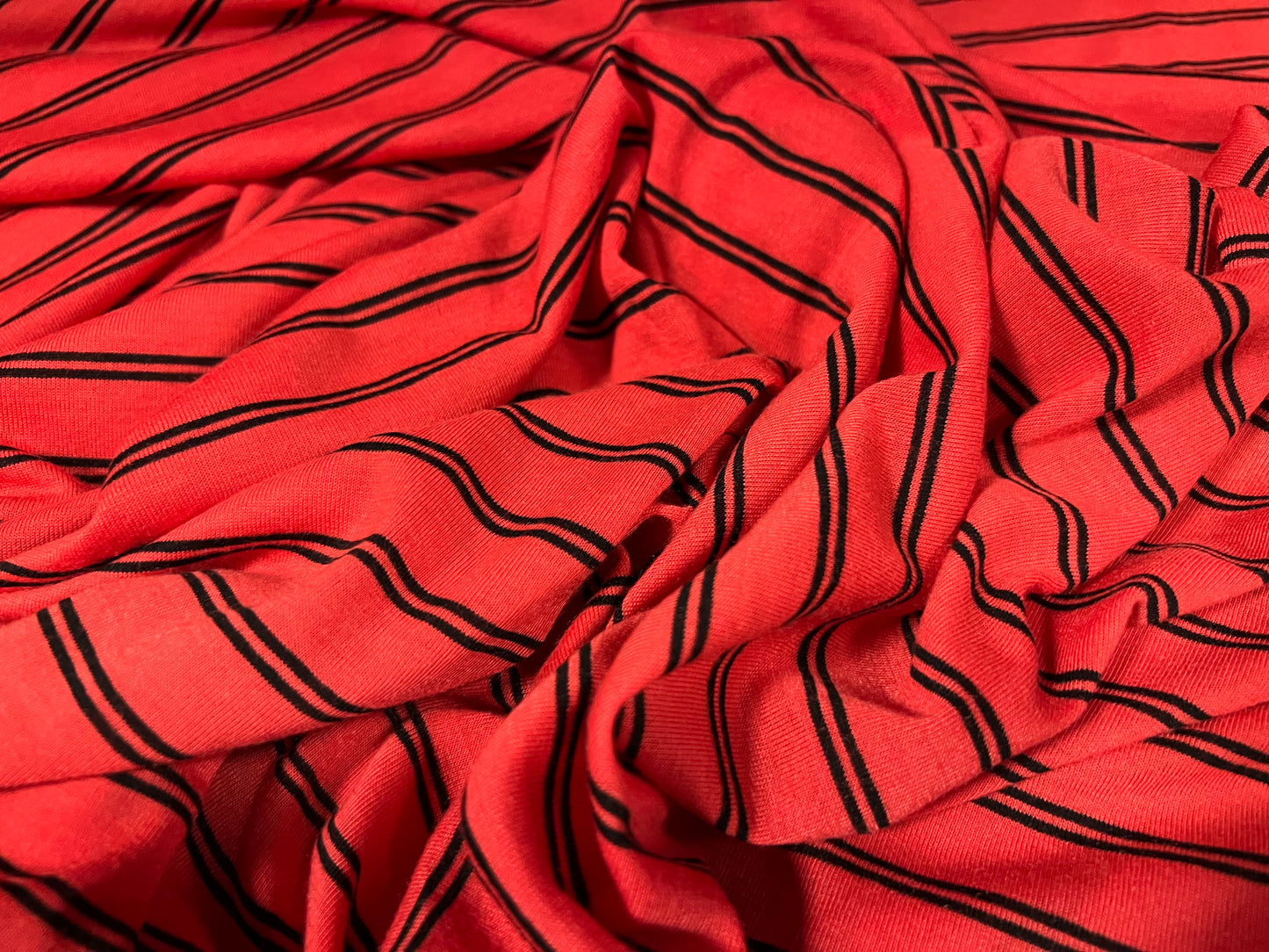 Soft handle single jersey fabric, per metre - tramline stripe - tomato red & black