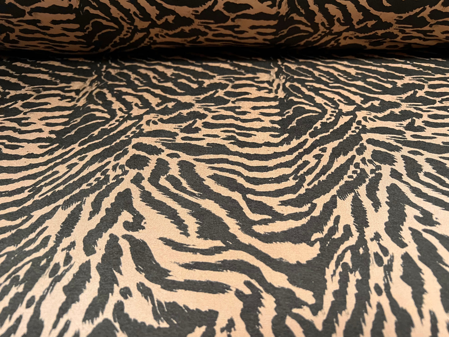 Soft touch stretch spandex single jersey fabric, per metre - zebra animal print - light brown