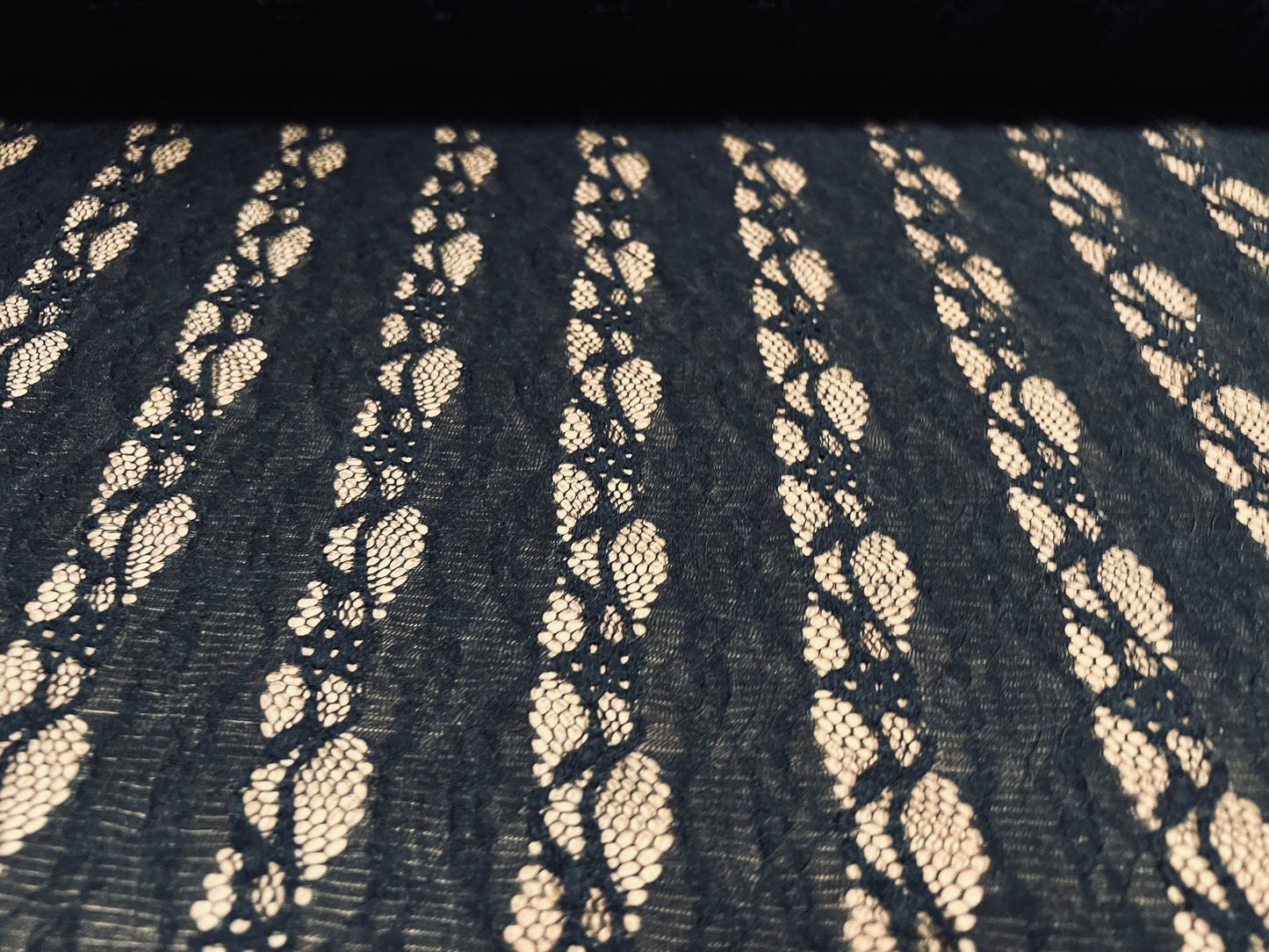 Stretch spandex lace fabric, per metre - floral stripe - black