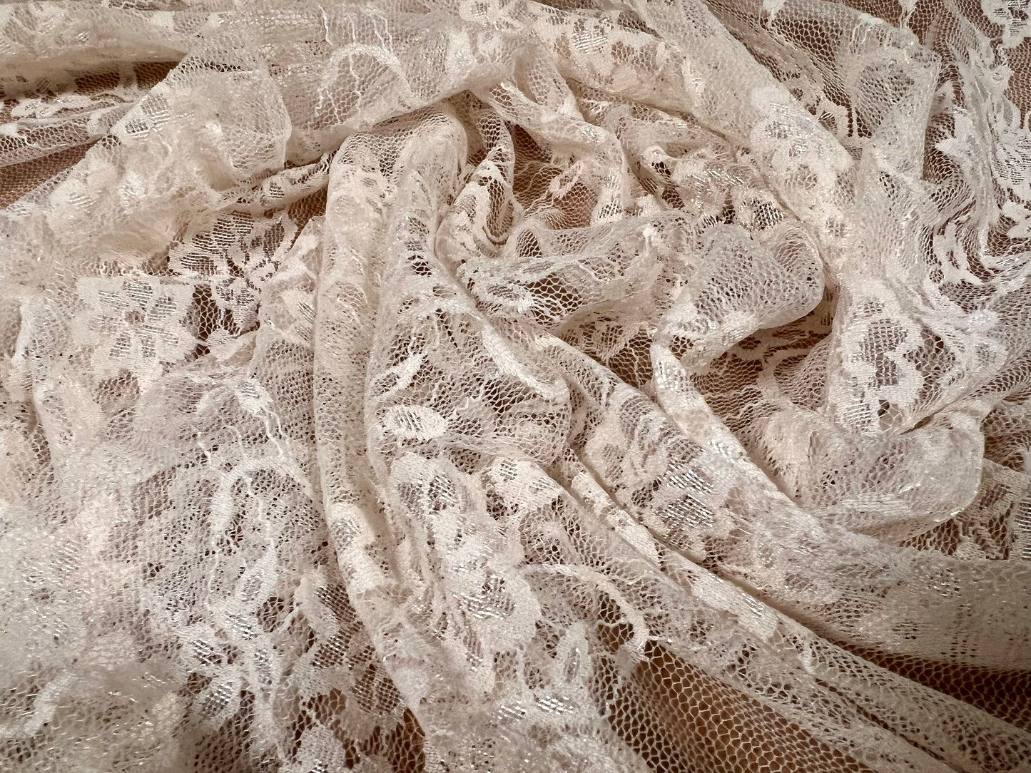 Stretch spandex mesh lace net fabric, per metre - floral design - light nude