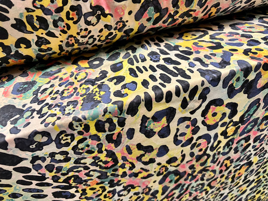 Stretch spandex interlock jersey fabric, per metre - stylised leopard print - blush & multicolour