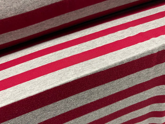 Viscose spandex stretch single jersey fabric, per metre - stripe - autumn red & grey marl