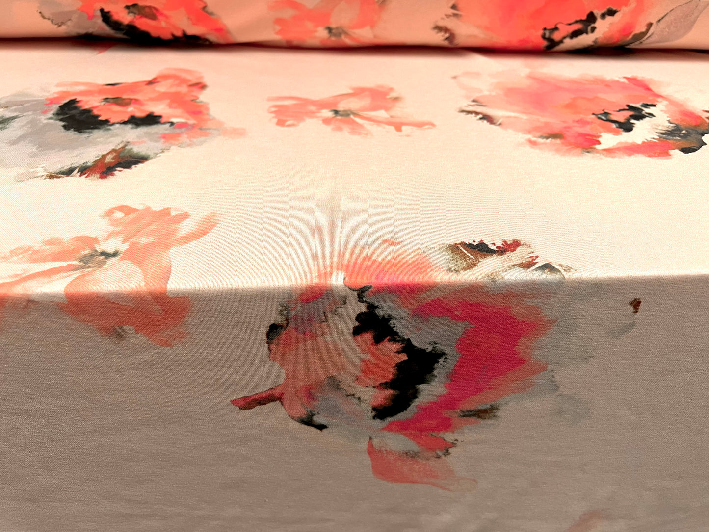 Stretch spandex interlock jersey fabric, per metre - watercolour flower print - blush pink