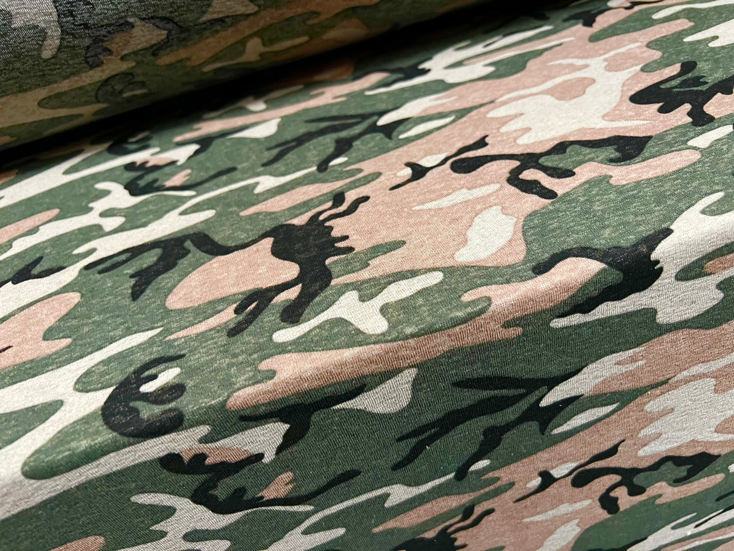 Thick & thin stretch spandex single jersey fashion fabric, per metre - camouflage army print - khaki green