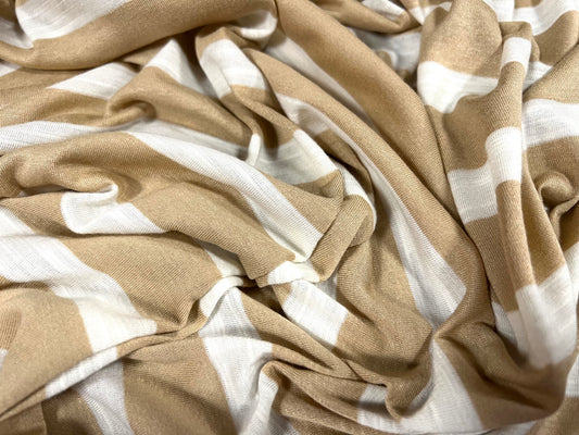 Soft handle slub single jersey fabric, per metre - stripe - light brown & white