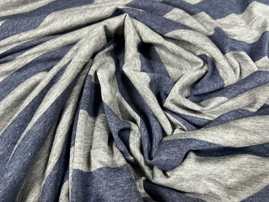 Viscose spandex stretch single jersey fabric, per metre - stripe - denim blue & grey melange