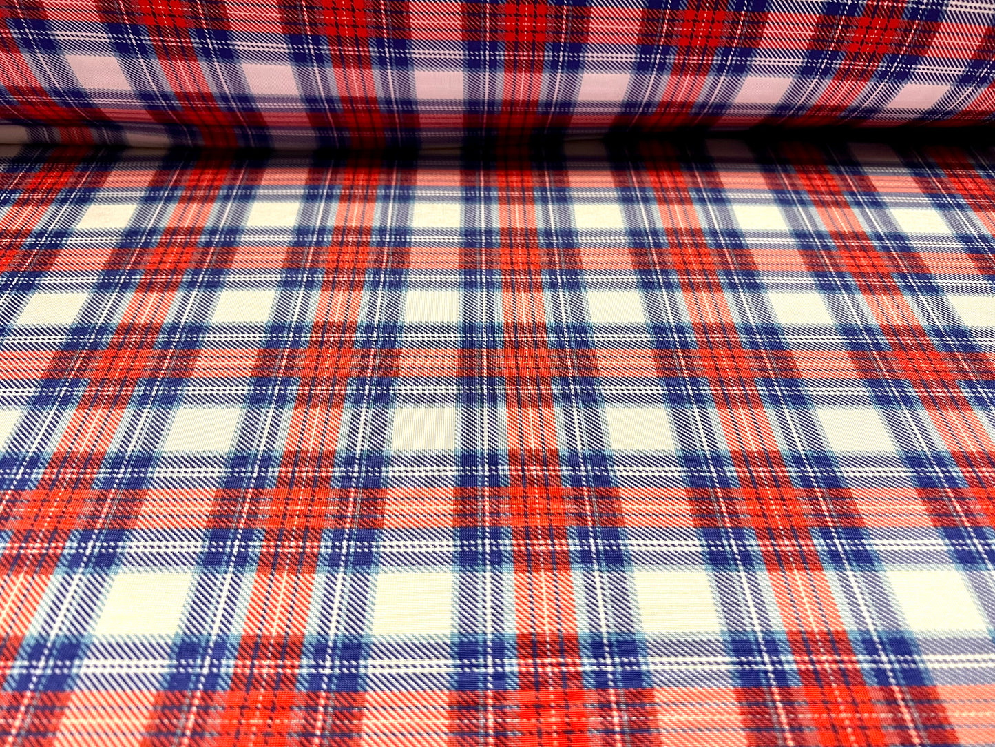 Stretch spandex jersey fabric, per metre - red white & blue watch tartan print