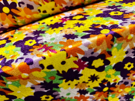 Soft velour fabric, per metre - floral print - yellow & purple