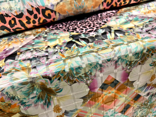 Satin jacquard woven dress fabric, per metre - flowers & leopardskin print