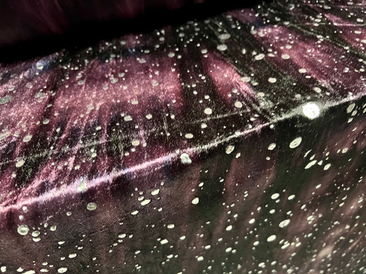 Metallic Velour fabric, per metre - tie dye splash print - purple & silver