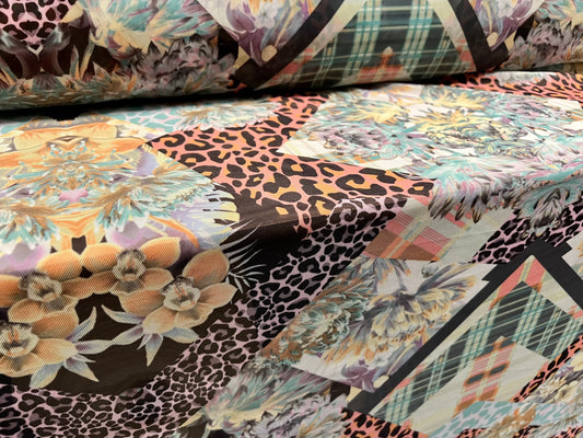 Power mesh net sheer stretch spandex fabric, per metre - leopardskin & flowers print