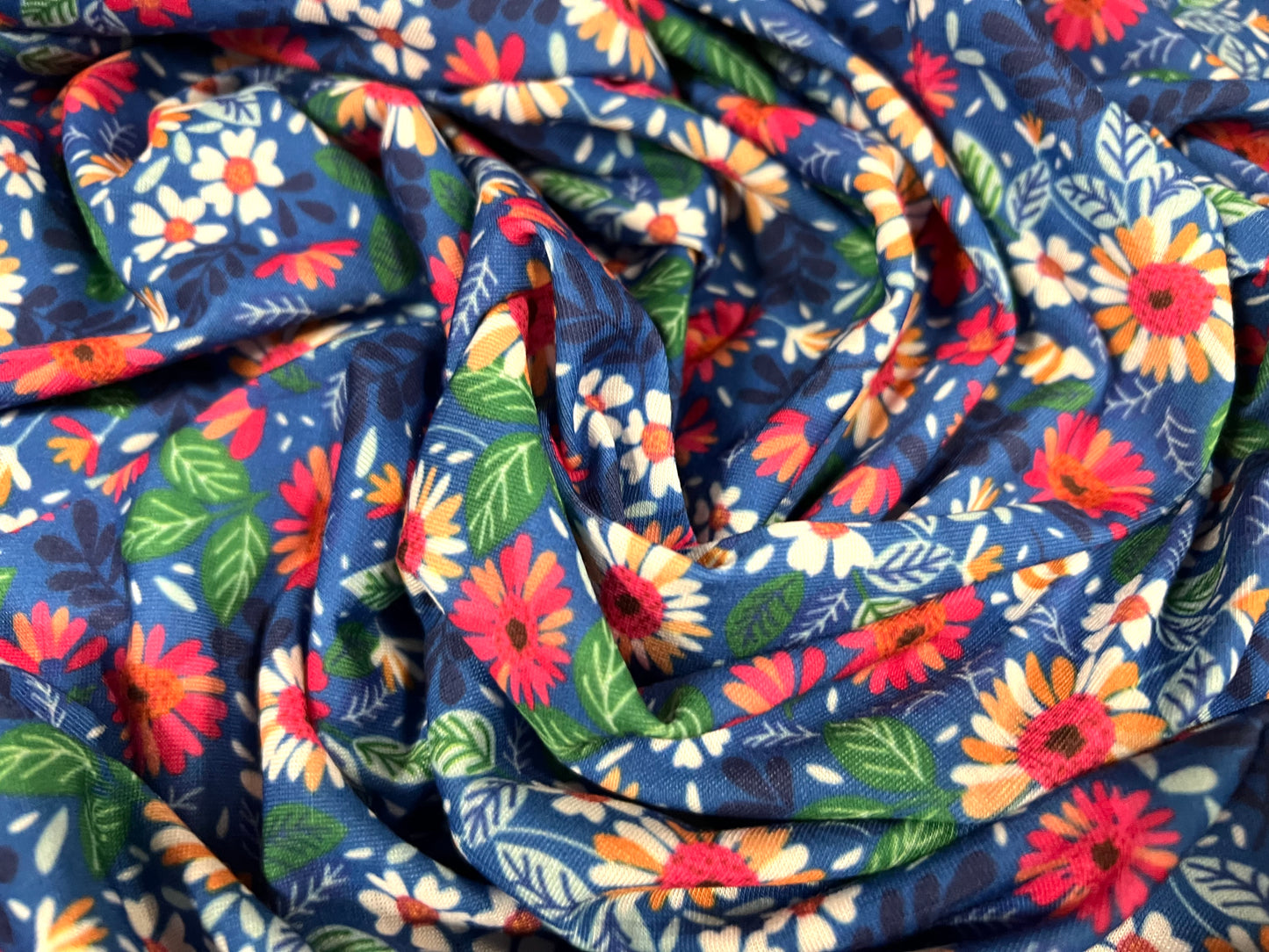 Soft handle single jersey fashion fabric, per metre - flower print - bright blue