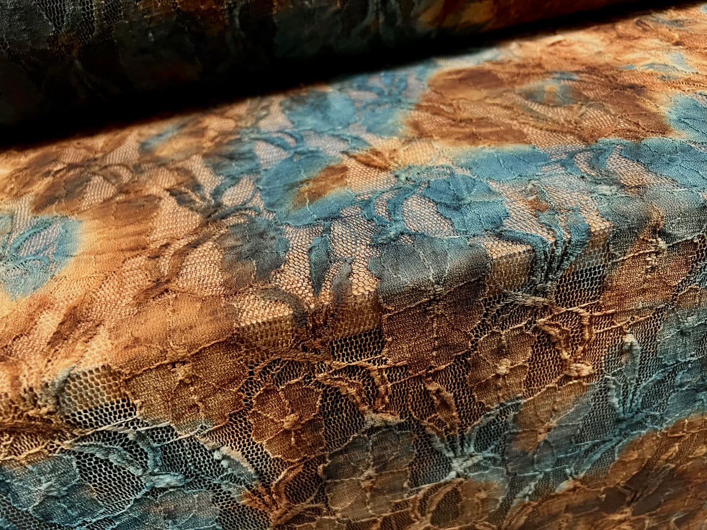 Stretch spandex Lace fabric, per metre - 4 way stretch - tie dye leaf print - kingfisher & brown