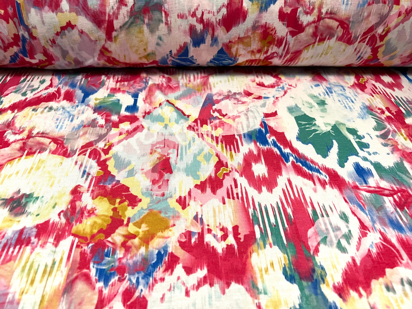 Soft handle single jersey fashion fabric, per metre - stylised floral print - cerise & white