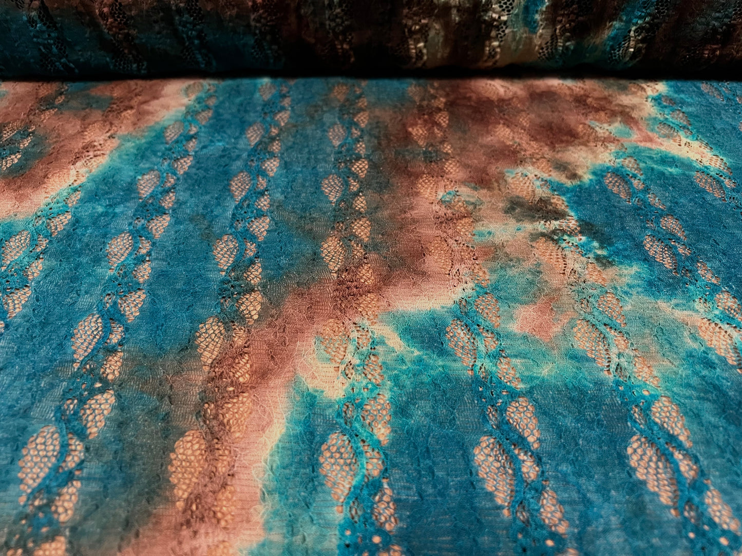 Stretch spandex Lace fabric, per metre - 4 way stretch - tie dye print - turquoise & brown