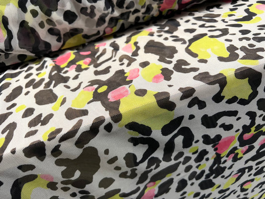 Power mesh net sheer stretch spandex fabric, per metre - stylised cheetah print - white black pink & lime