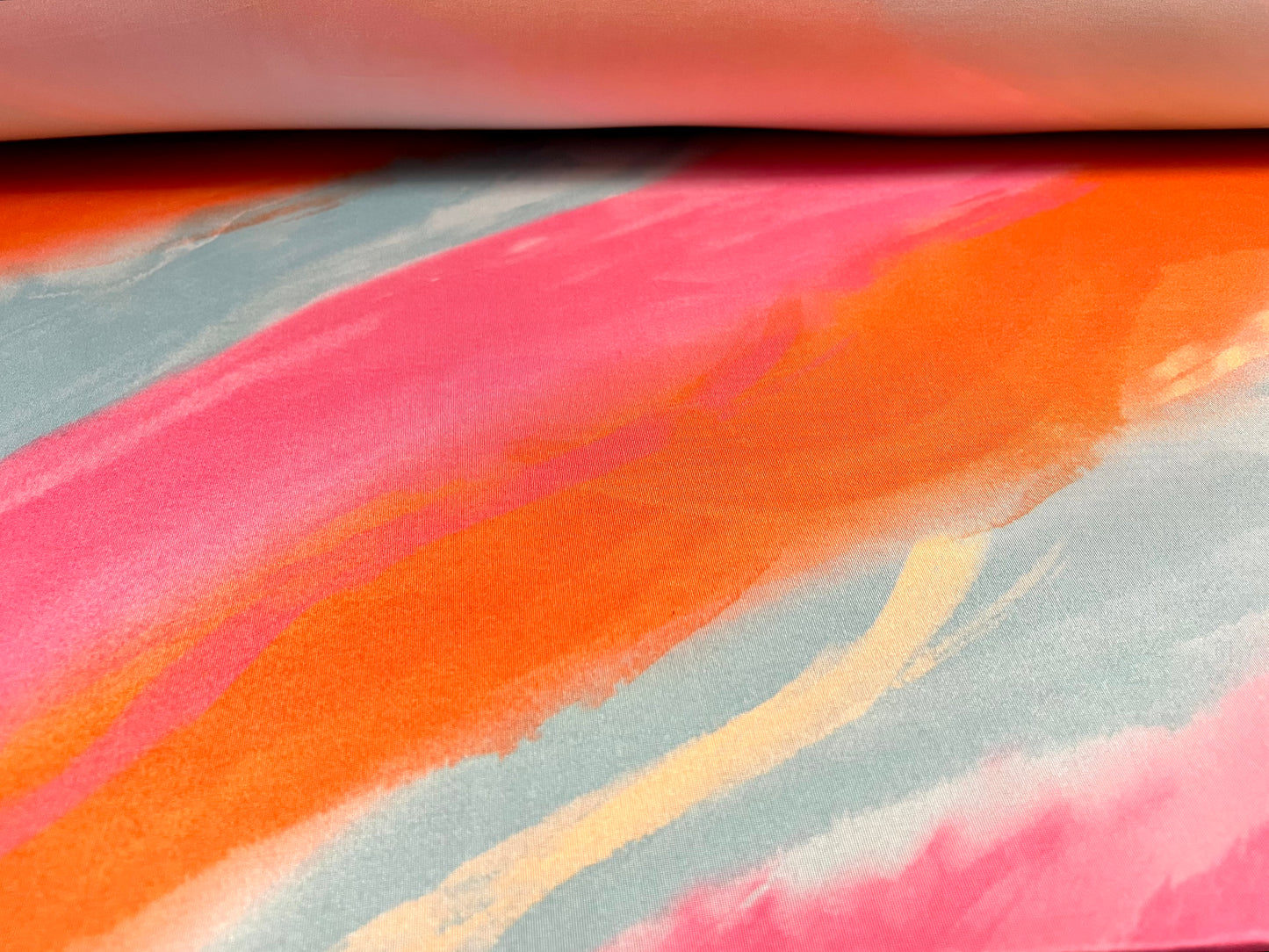 Soft touch stretch spandex single Jersey fabric, per metre - bias paint swirl print - orange pink & turquoise