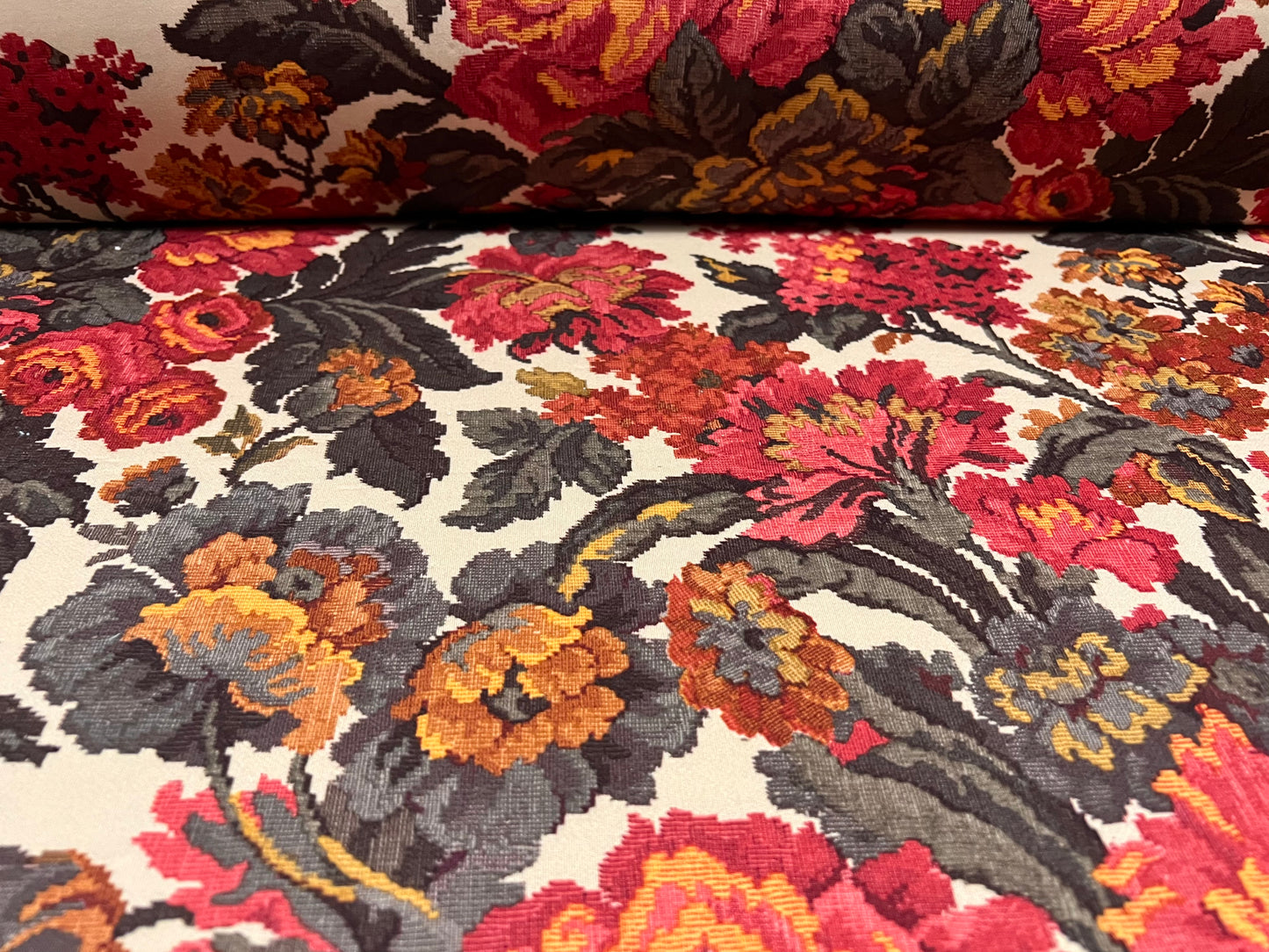 Valentino crepe spandex jersey fabric - similar to scuba - per metre - floral tapestry print - crimson & cream