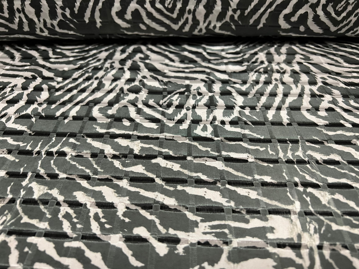 Satin jacquard woven dress fabric, per metre - zebra animal print - charcoal grey & white