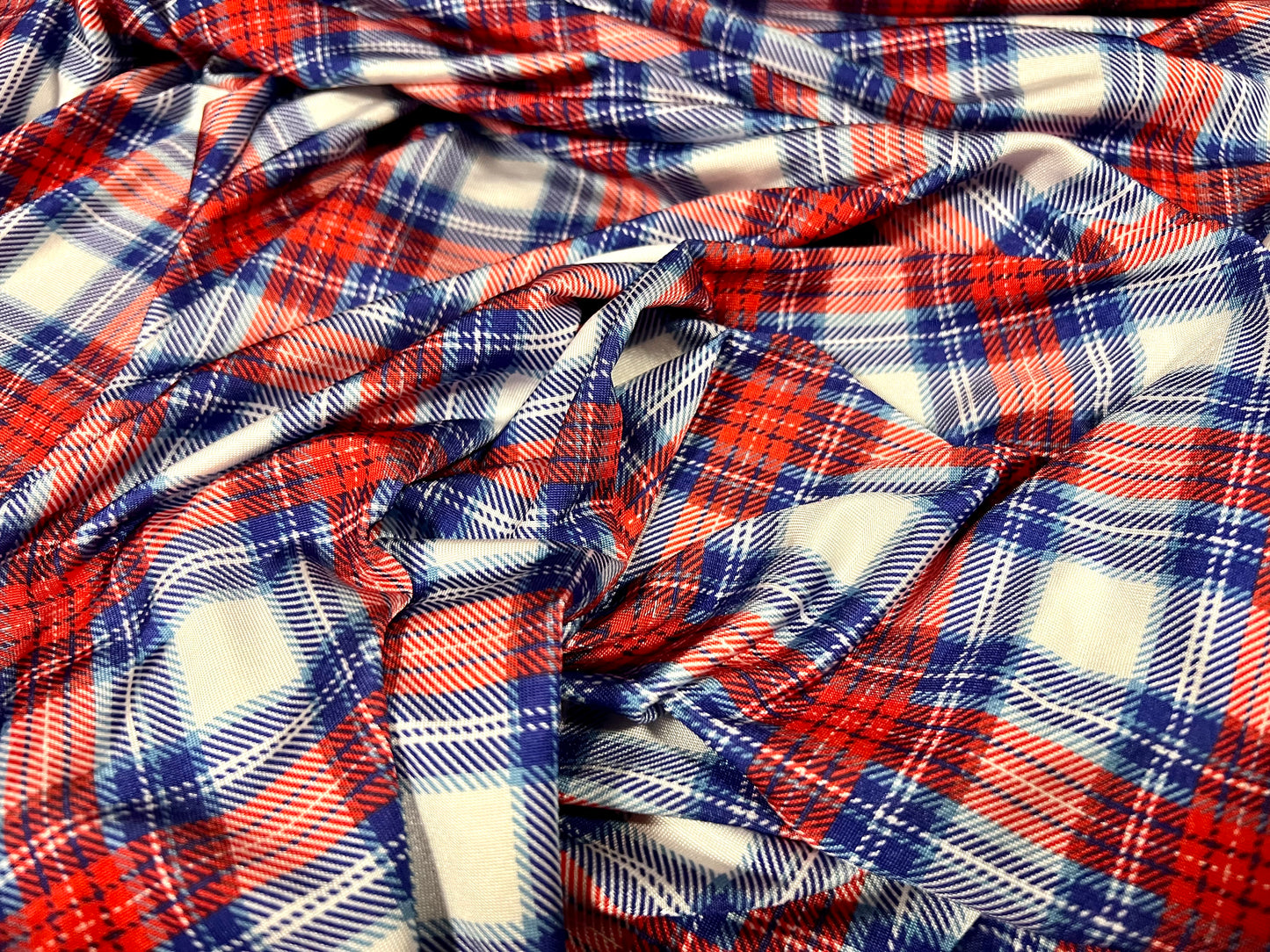 Stretch spandex jersey fabric, per metre - red white & blue watch tartan print