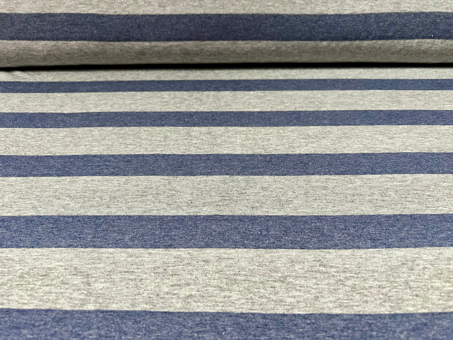 Viscose spandex stretch single jersey fabric, per metre - stripe - denim blue & grey melange