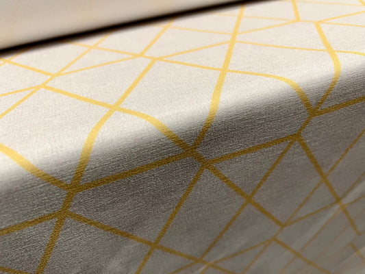 Woven sateen back crepe fabric, per metre - geometric print - cream & gold