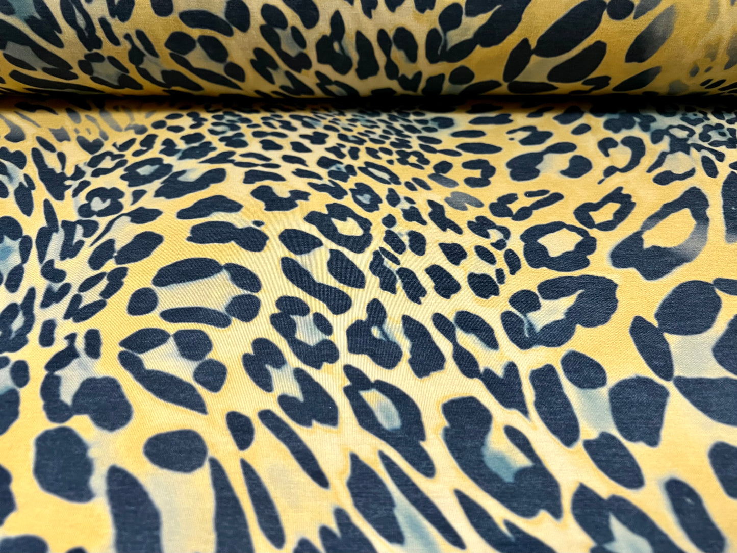 Soft handle stretch single jersey fabric, per metre - distressed leopardskin print - yellow gold & grey