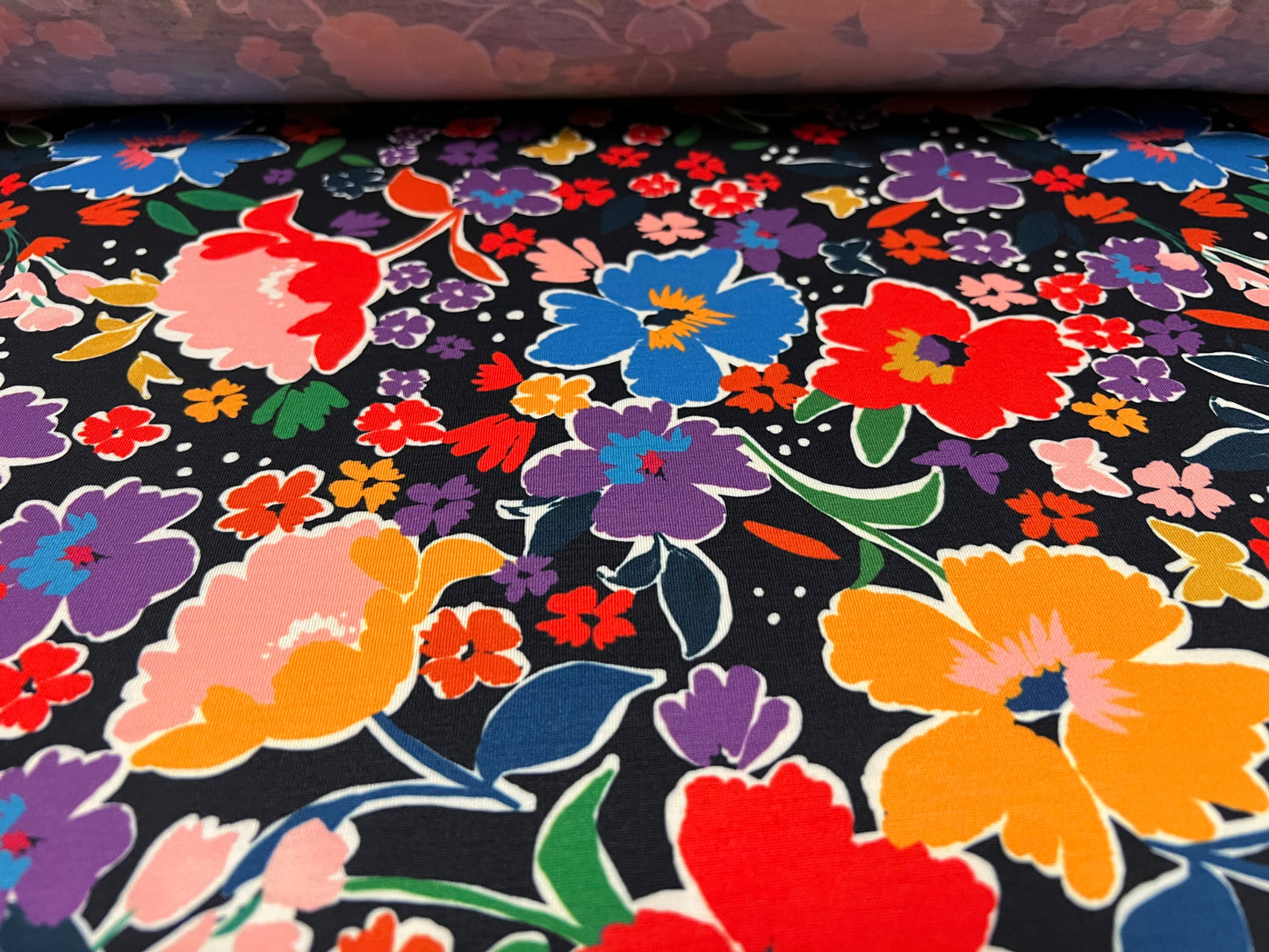 Soft handle stretch single jersey fabric, per metre - Night Garden print -.black with multicolour flowers