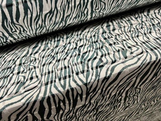 Satin jacquard woven dress fabric, per metre - zebra animal print - zebra animal print - charcoal grey & white