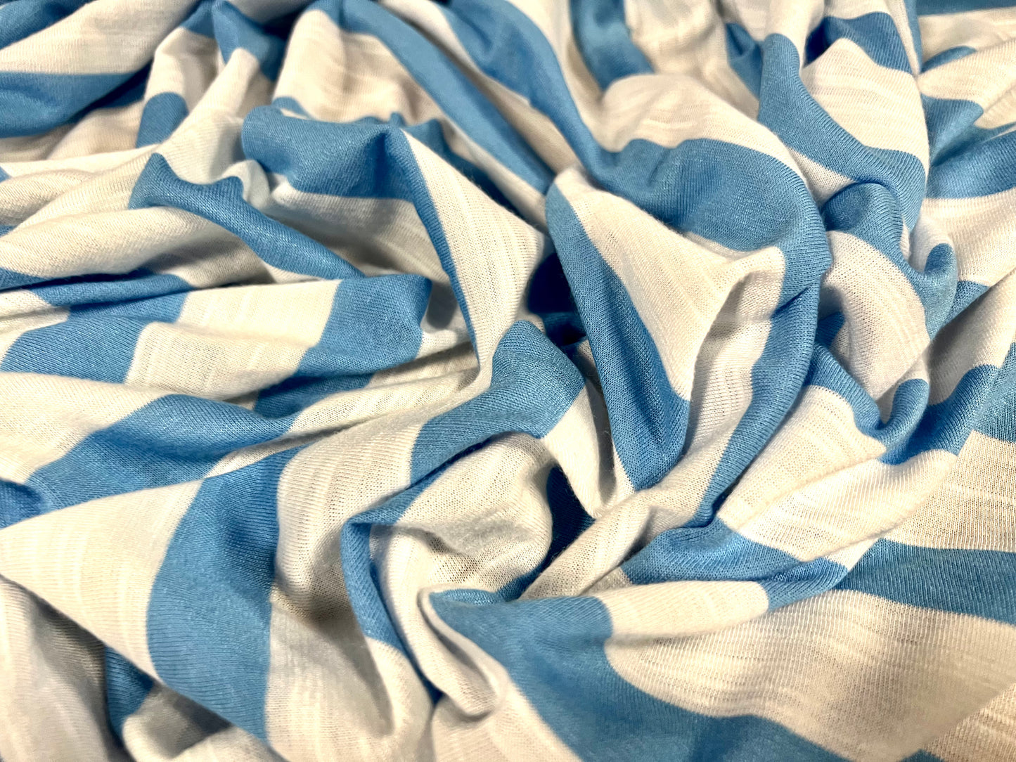 Soft handle single jersey fabric, per metre - slub stripe - sky blue & white